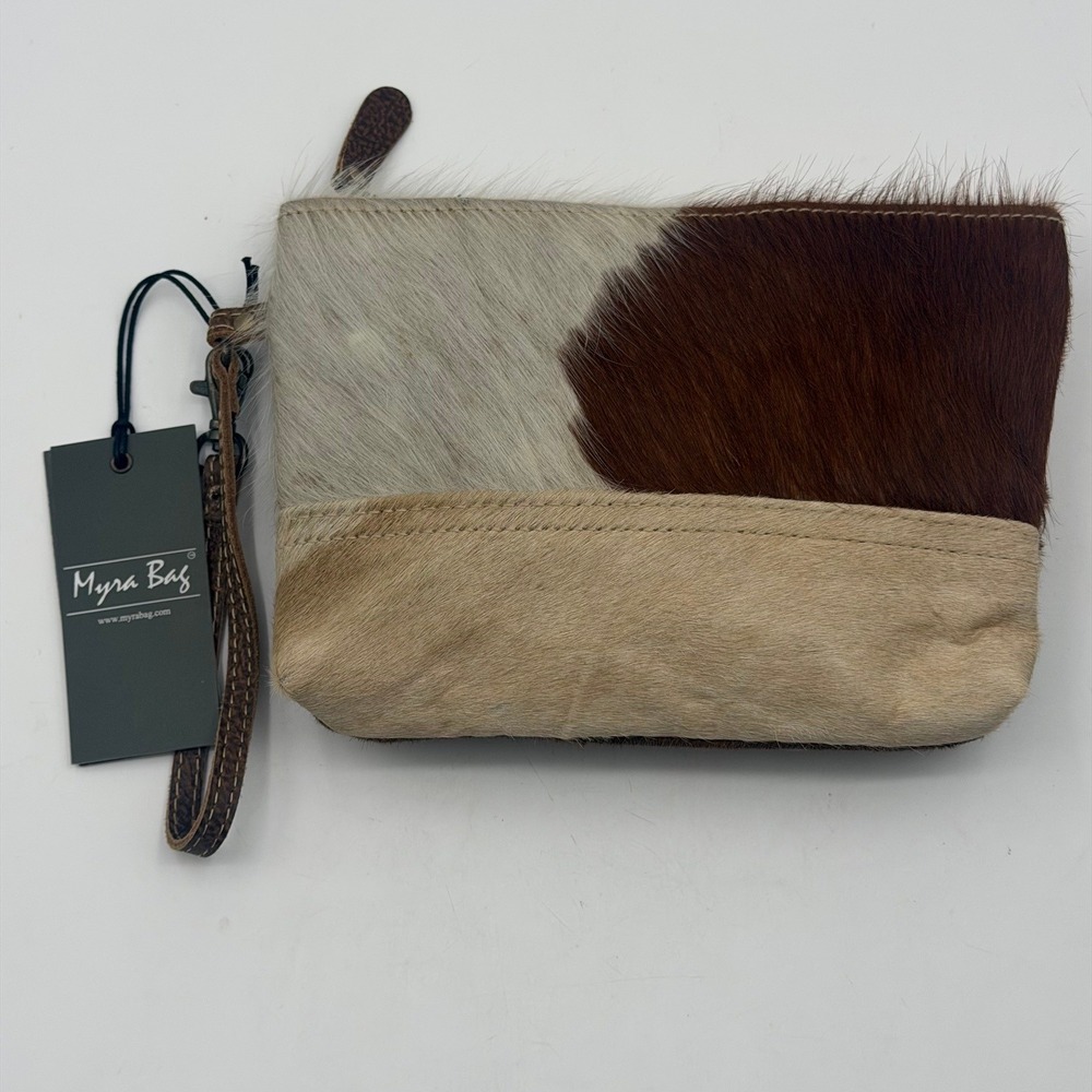 Myra Bag Multi Cowhide Leather Wristlet Clutch Brown Tan White Rodeo Rustic NWT
